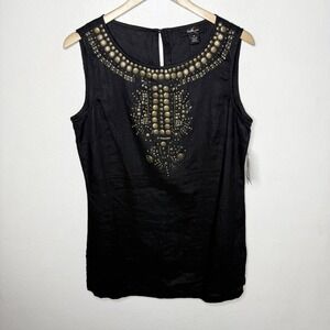 New Style And Co‎ Linen Black Embellished Sleeveless Tunic Tank Top Women's 10